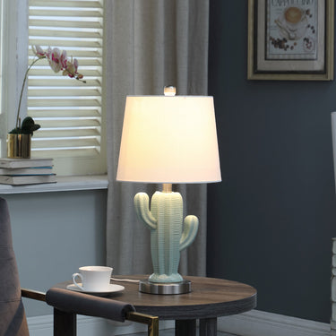 Pale Blue Green Ceramic Cactus Table Lamp With White Shade